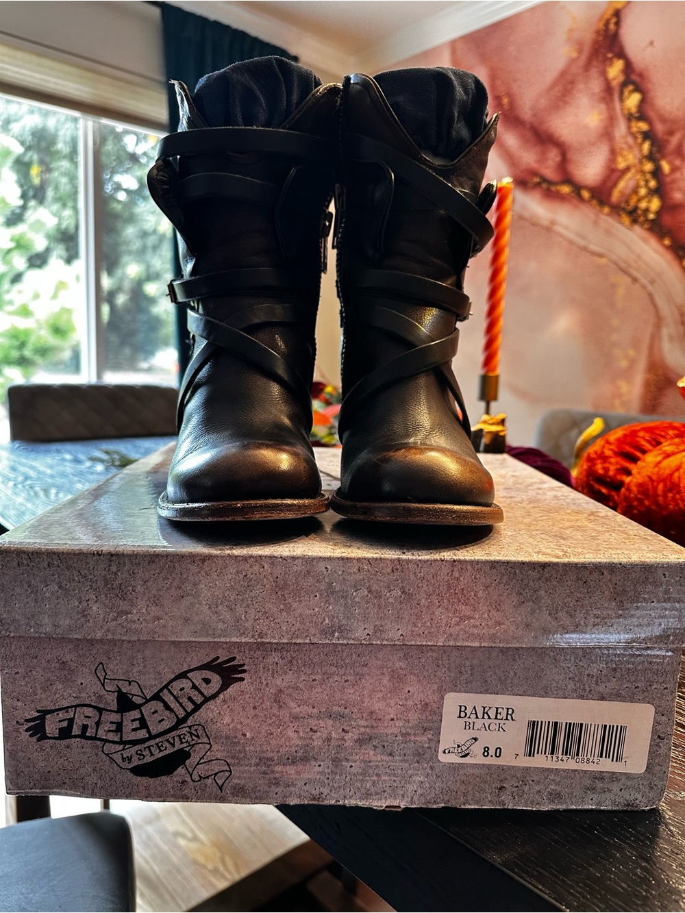 Freebird by Steven Baker Black Leather Wrap-Strap Heeled Ankle Boots - Picture 2 of 10